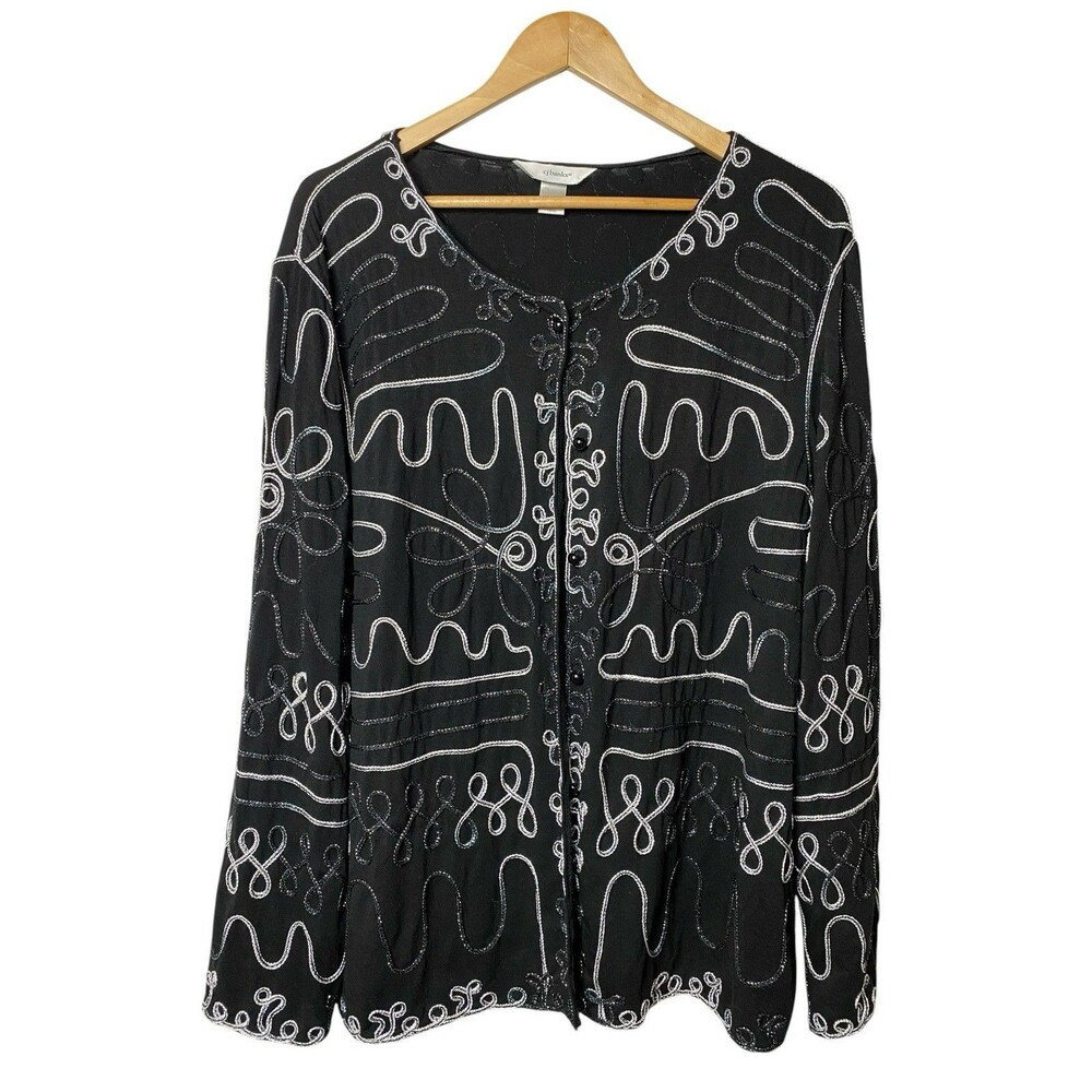 CJ Banks Women Plus 2X Black Metallic Embroidered Jacket Blouse Button Front Art